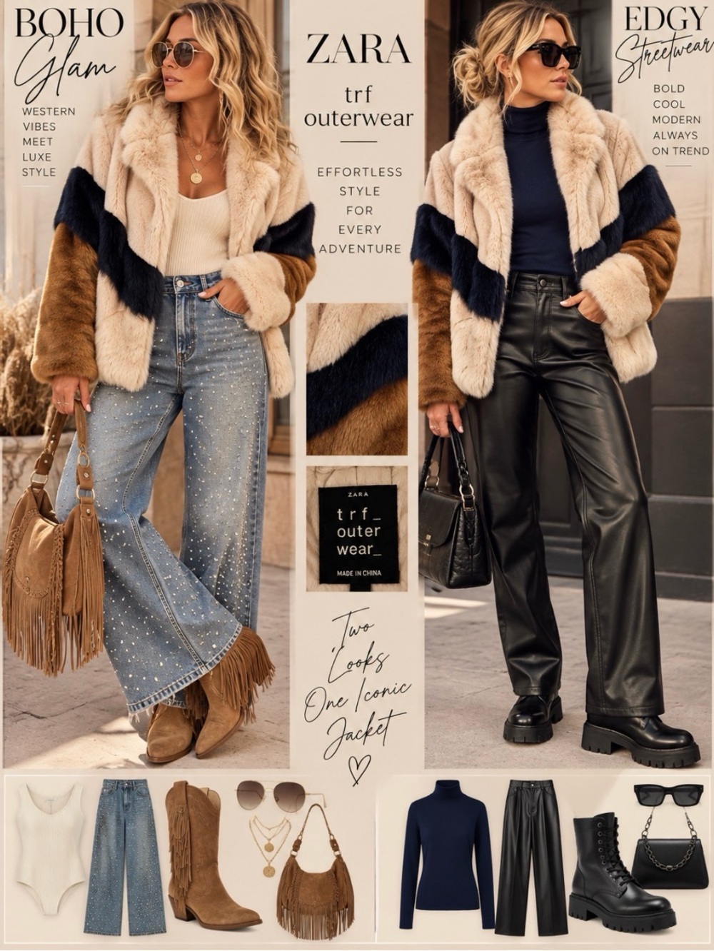Zara TRF Colorblock Faux Fur Jacket Tricolor Cozy Winter Coat size S